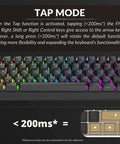 Compact Hot Swappable Mechanical Gaming Keyboard Featuring Sixty One Keys Smooth Gateron Switches Fire RGB Backlighting in Tap Mode.