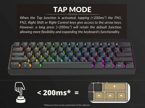 Compact Hot Swappable Mechanical Gaming Keyboard Featuring Sixty One Keys Smooth Gateron Switches Fire RGB Backlighting in Tap Mode.