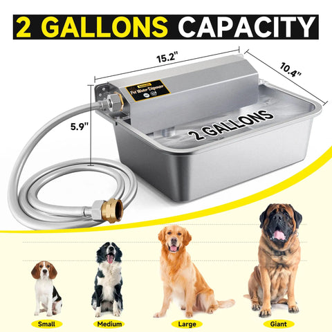 Slick Automatic Dog Water Dispenser With Hella Sturdy Two Gallon Stainless Steel Bowl For Indoor Outdoor Setup with 2 gallons capacity.