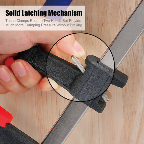 Close-up of the solid latching mechanism of Badass Steel Bar Clamps 2 Pack With 6 Inch Opening And Two And A Half Inch Throat Holding Six Hundred Pounds Zero Slack For Serious Woodworking And Shop Jobs.