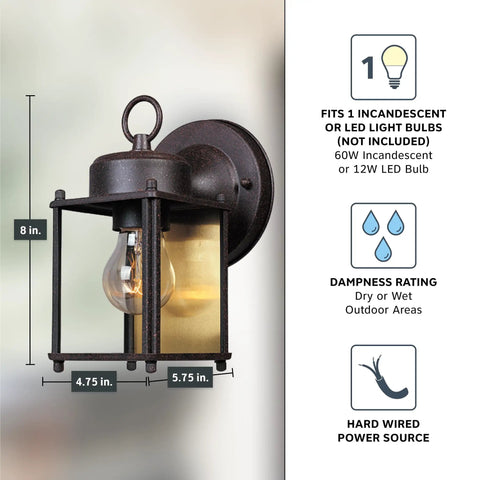 Rust Patina Porch Outdoor Wall Lantern Sconce With Clear Glass Eight Inch Height Modern Yet Classic Back Plate Weather Resistant Exterior Lighting For Entryways Patios And Walkways Pitting And Tarnish Resistant, with dimensions labeled and bulb information shown.