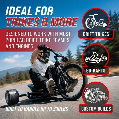 40 Inch Drift Trike Shaft Kit with 12 Axle Nuts and 4 Lock Collars on drift trike cruising down the road, ideal for stunts.