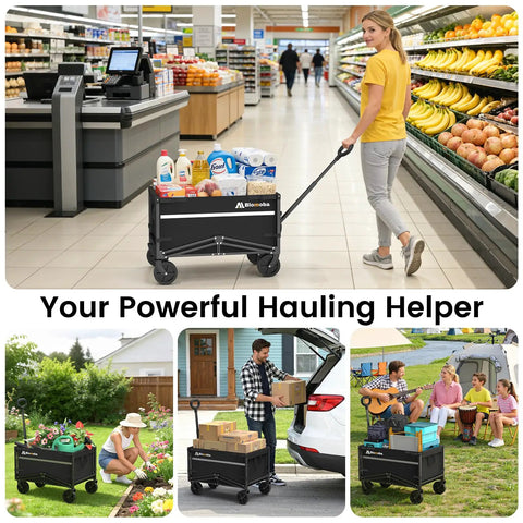 Heavy Duty Collapsible Wagon Cart That Hauls Up To 220Lb With All Terrain Wheels used for groceries, gardening, and outdoor activities.