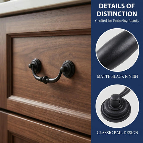 Antique Black Drawer Pulls 6 Pack Vintage Dresser Handles With Drop Bail Pulls 3.5 Inch Hole Center Zinc Alloy shown on cabinet