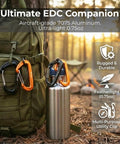 Built Tough Ultra Strong 12kN Carabiner Clips on backpack and bottle, aircraft grade 7075 aluminum, 3.2 inch length, outdoors