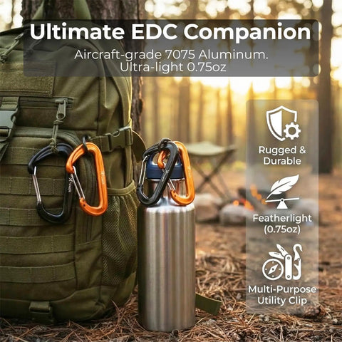 Built Tough Ultra Strong 12kN Carabiner Clips on backpack and bottle, aircraft grade 7075 aluminum, 3.2 inch length, outdoors