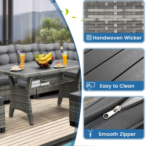 6 Piece Outdoor Patio Furniture Set With Sectional Sofa, Dining Table And Chairs, All Weather Dining Set With Removable Cushion Covers, Gray