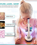 Girl inspecting samples with Epic Compound Microscope Starter Kit For Kids Featuring 1200x Magnification With Dope Accessory Pack.
