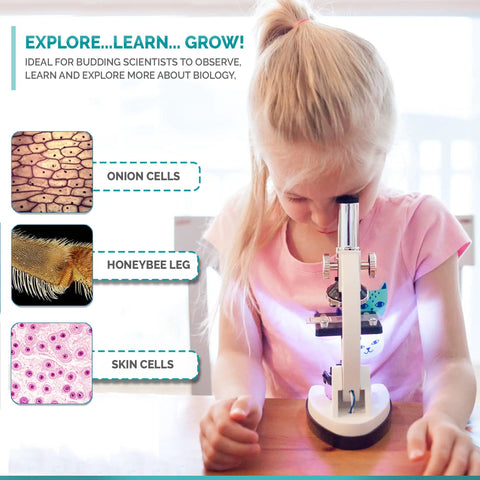 Girl inspecting samples with Epic Compound Microscope Starter Kit For Kids Featuring 1200x Magnification With Dope Accessory Pack.
