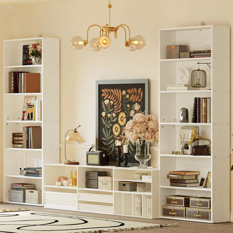 Pair Of Six Tier Floor Standing Bookshelves 70 Inch Tall Display Storage Shelves For Home Office Living Room And Bedroom Sturdy MDF Construction Each Shelf Holds 22 Lb With Tipover Resistant Design Rustic Chic in living room setting