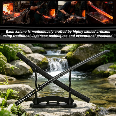 Hand Forged Steel Samurai Sword With Clay Tempered Blade Unsharpened Practice Katana displayed on stand by a stream