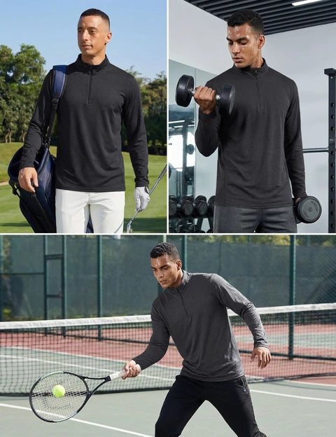 Mens Quarter Zip Fleece Pullover Long Sleeve Thermal Sweatshirt Black With Soft Fleece Liner 92 Percent Polyester 8 Percent Spandex Blend Moisture Wicking Athletic Top For Cold Weather Golf And Everyday Wear