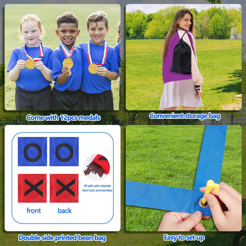 Outdoor Giant Tic Tac Toe And Bean Bag Toss Game For Kids And Adults set with medals, storage bag, and game setup on grass
