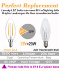 Comparison of 2W LED bulb and 20W incandescent bulb with E14 European base highlighting efficiency and lifespan.