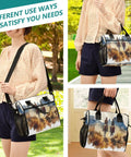 Desert Cowboy Insulated Lunch Tote For Women With Adjustable Shoulder Strap shown in use in various carry styles outdoors.