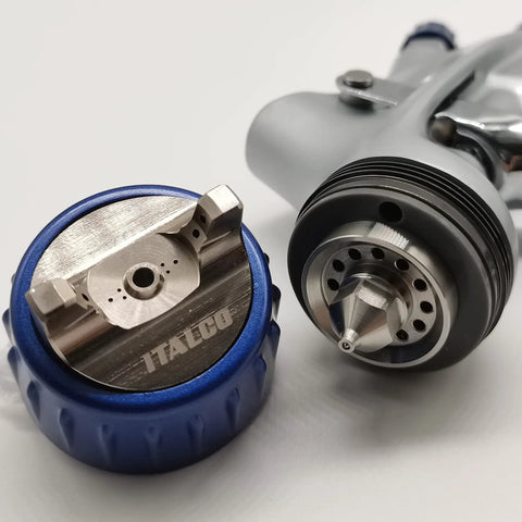 Close-up of LVMP Spray Gun Pro Grade Workhorse With 1.3mm Tip and 600ml Cup Feed, focusing on ergonomic palm fit handle and nozzle.