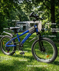 Kids Mountain Bike 20 And 24 Inch For Boys And Girls Ages 7 To 12 with dual disc brakes, LED headlight, and blue frame on grass