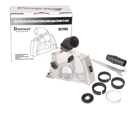 Angle Grinder Dust Collection And Extraction Attachment Pro Grade With Dust Shroud For Four And A Half Inch To Five Inch Grinders Dt1706 Quick Depth Adjustments Toolless Install Reduces Mess And Improves Safety For Safer Air And Cleaner Work Area product box with components