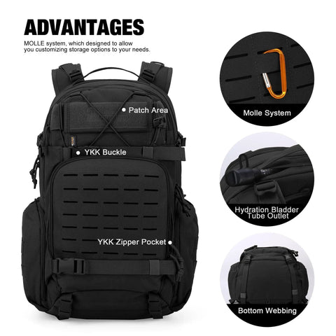 35L MOLLE Tactical Backpack For Men Cordura 915D Durable Fabric with features labeled, including YKK zippers and hydration bladder outlet.