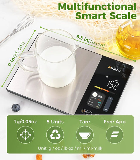 Smart Food Kitchen Scale With Nutrition Calculator displaying weight of milk in a glass jug with color display and measurement icons