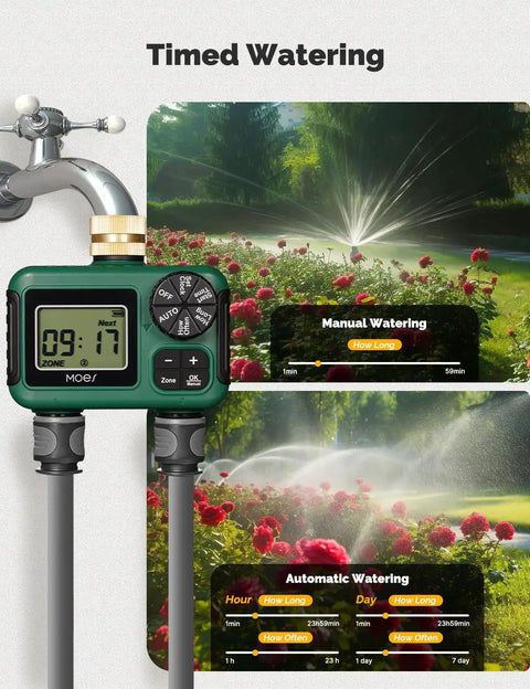Two Zone Sprinkler Timer with Brass Inlet Dual Independent Outlets and programming display for gardens and lawns