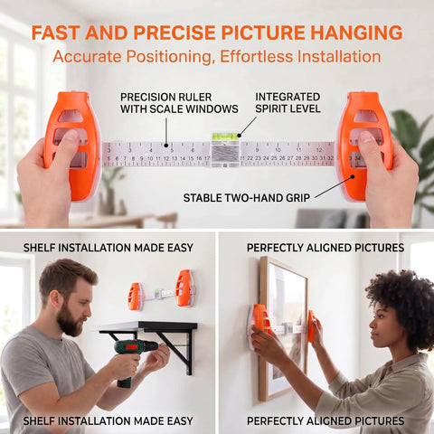 Essential Dead On Picture Hanging Level And Frame Alignment Ruler For No Sweat Wall Decor Setup With Bright Orange Precision Bubble Guide For Reliable Art Placement held for precise installation.