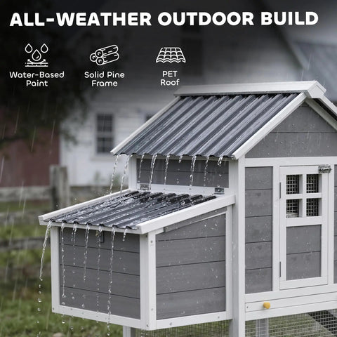 Gray 82 Inch Wooden Chicken Coop For 2 To 3 Hens Backyard Hen House With Nesting Box in rain showcasing all-weather roof design