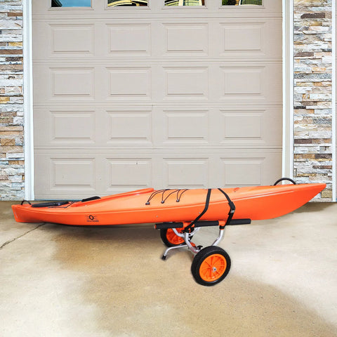 Heavy Duty Kayak Cart With 450 Lbs Load Capacity Detachable Canoe Trolley parked on pavement with orange kayak