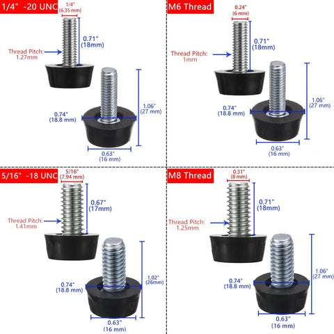 1/4-20 UNC Adjustable Furniture Levelers Set Of 20 Screw In Leveling Feet Galvanized Steel Glides Sizes Diagram