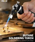Hand using Dual Flame Butane Torch Lighter For Cooking And Soldering Refillable Kitchen Torch For Pro Grade Cooking with ring