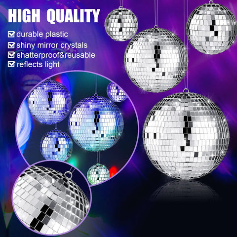 Assorted silver mirror orbs in 6 4 3 2 inch sizes with hanging ropes for parties, reflective lights, disco balls set showcasing sparkle.