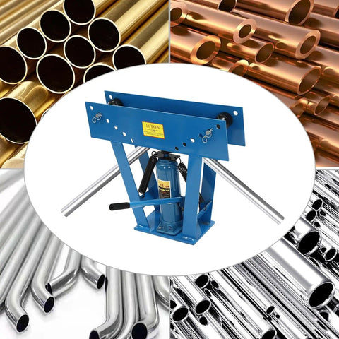 16 Ton Hydraulic Pipe Bender Pro Grade With 8 Dies One Half Inch To Three Inch Manual Tube Bending Machine surrounded by metal pipes