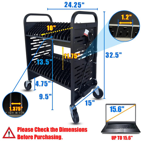 Slick 32 Device Laptop Charging Cart With Built In Surge Protection, heavy-duty mobile design, measures 24.25" x 32.5" for 32 devices.