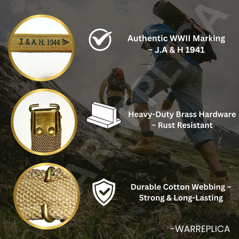 Authentic WWII British Lee Enfield Sling Reproduction Khaki Cotton Canvas Webbing Heavy Duty 44-Inch Adjustable Strap For Reenactors, Collectors, And Vintage Gun Nerds with brass hardware and WWII markings