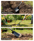 Heavy Duty Trench Shovel For Digging With 56 Inch Orange Fiberglass Handle And Narrow Spade, V Cut High Strength Steel in use