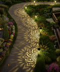 Pathway illuminated by Six Pack Solar Outdoor Garden Lights With Mandala Pattern, Warm Amber Glow, Waterproof Pathway Landscape Lights