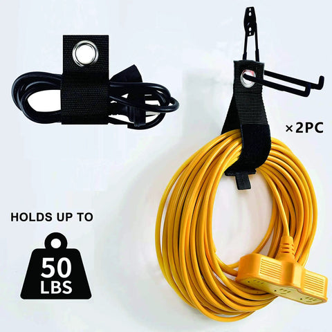 Heavy Duty Wall Mount Garage Hooks Set Four Pack With Extension Cord Holder Straps seven and a half inch double bar hangers, holds up to 50 lbs
