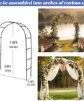 Diagram and photos of Sturdy Metal Garden Arch Trellis for Climbing Plants Outdoor 4.6 by 7.8 Ft Rustproof Coated Arbor