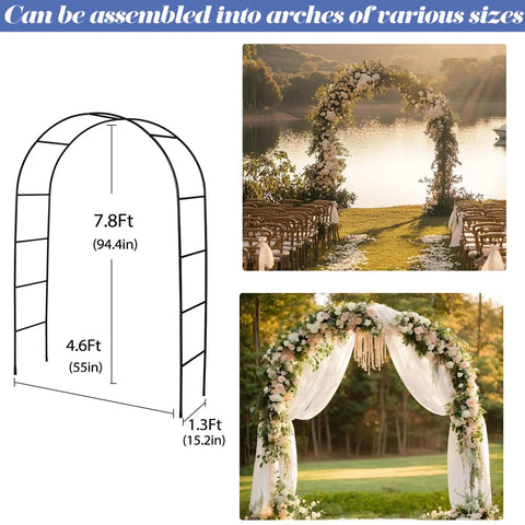 Diagram and photos of Sturdy Metal Garden Arch Trellis for Climbing Plants Outdoor 4.6 by 7.8 Ft Rustproof Coated Arbor