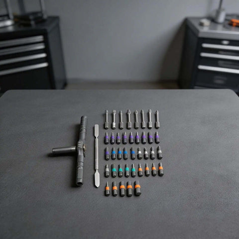 Kick Your Diy Game Up A Notch With This Pro Grade 43 Pc Ratchet Screwdriver Kit Plus 40 Assorted Bits For Torx Hex Fasteners Built Tough With Light Weight Aluminum Handle To Tackle Any Home Or Auto Repair Job In Style. 43-piece ratchet screwdriver kit with aluminum handle and assorted bits on workbench