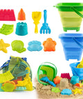 Collapsible Beach Toy Set For Kids Ages 3 To 12 Kid Friendly Travel Sandbox Kit with vibrant buckets, molds, shovel, rake, mesh bag
