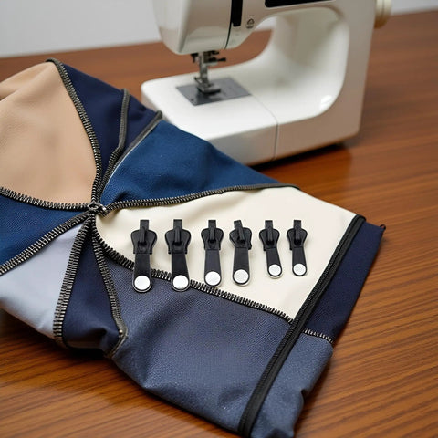 6 Piece Zipper Restoration Kit With Metal Sliders And Teeth, Universal Repair Set for jackets, bags, luggage next to sewing machine