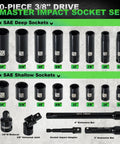 50 Piece Three Eighths Inch Drive Impact Socket Set With 6 Point SAE And Metric Sockets Ranging 5/16 To 3/4 Inch Deep And Shallow