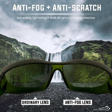 Built Tough Kickass IR3 Welding Safety Glasses With Anti Fog And Anti Scratch Wrap Around Lenses UV Shield close-up view.
