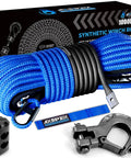 Synthetic Winch Rope Kit One Quarter Inch By Fifty Feet With Ten Thousand Pound Break Strength Blue Protective Sleeve Forged Hook Rubber Stopper And Safety Pull Strap Built Tough For ATV UTV Off Road Recovery, shown coiled with hook