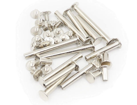 Straight Up Badass 160 Piece Chicago Screw Assortment Nickel Plated M5 Extension Binders with varying lengths and metal finish.