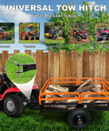Universal tow hitch with lawn tractor pulling a Beefy Heavy Duty Steel ATV Dump Trailer With 1500 Lb Capacity 15 Cu Ft Pull Behind