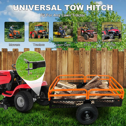 Universal tow hitch with lawn tractor pulling a Beefy Heavy Duty Steel ATV Dump Trailer With 1500 Lb Capacity 15 Cu Ft Pull Behind