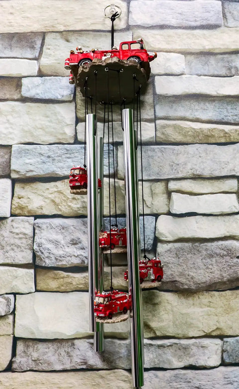 Red Fire Engine Wind Chime For Patio And Garden Decor Fire Fighter Theme Fire Truck Model With Hydrants 20 Inch Tall Resin Wind Chime