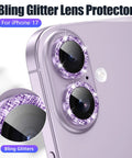 Six Pack Camera Lens Protector Kit For iPhone 17 6.3 Inch With Bling Diamond And Glitter Metal Ring Purple 9H Tempered Glass Shield